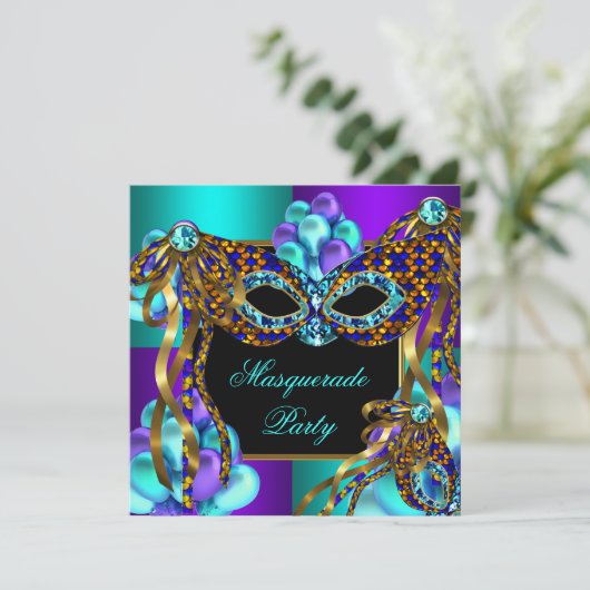 仮装マスクパープルティール（緑がかった色）ブルーバースデーパーティー 招待状 (スタンド正面)