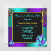仮装マスクパープルティール（緑がかった色）ブルーバースデーパーティー 招待状 (裏面)