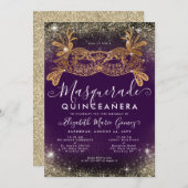 仮装マスクパープル金ゴールドグリッターキンセアニェラ 招待状 (正面/裏面)