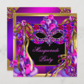 仮装マスクピンクパープルティール(緑がかった色)ブルー誕生日 招待状 (正面/裏面)