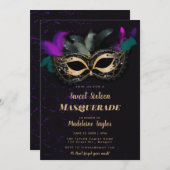 仮装マスクホットピンク金ゴールドブラックスウィート16パーティー 招待状 (正面/裏面)