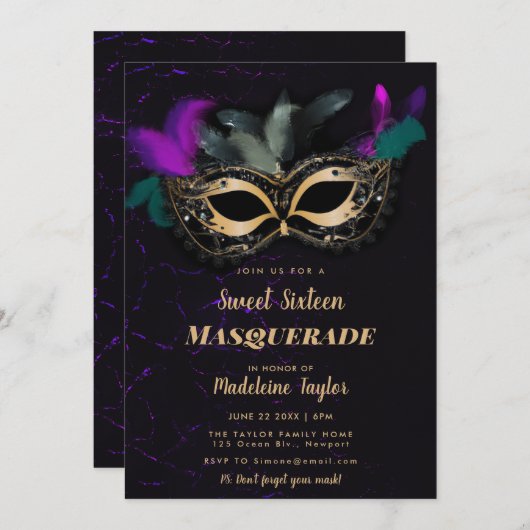 仮装マスクホットピンク金ゴールドブラックスウィート16パーティー 招待状 (正面/裏面)