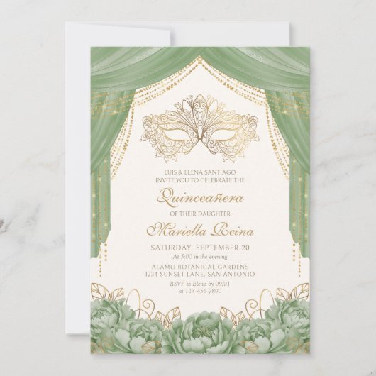 仮装マスクモダンセージグリーンキンセアニェラ 招待状 (正面)