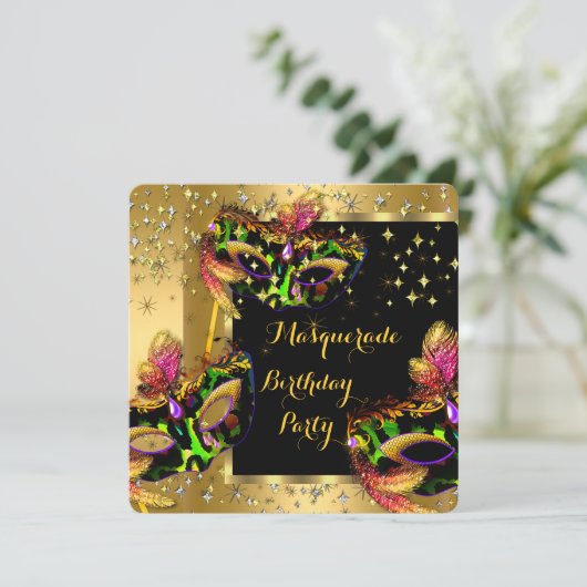仮装マスクライムピンク金ゴールド誕生日パーティー 招待状 (スタンド正面)