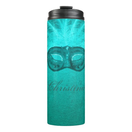 仮装マスクヴィンテージティール(緑がかった色)羽毛アートデコ タンブラー (正面)