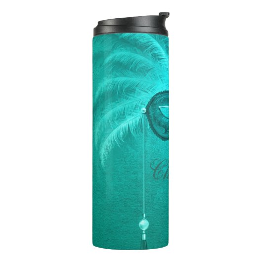 仮装マスクヴィンテージティール（緑がかった色）羽毛アートデコ タンブラー (回転左)