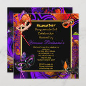 仮装マスク付きハロウィンパープルオレンジパーティー 招待状 (正面/裏面)