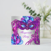 仮装マスク紫ピンクブルー誕生日パーティー 招待状 (スタンド正面)