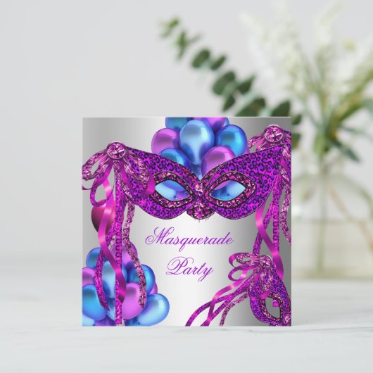 仮装マスク紫ピンクブルー誕生日パーティー 招待状 (スタンド正面)