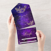 仮装マスク金ゴールドグリッターキンセアニェラパープル オールインワン招待状 (貼ってはがせる)