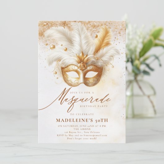 仮装マスク金ゴールドホワイトドラマチック50誕生日 招待状 (スタンド正面)