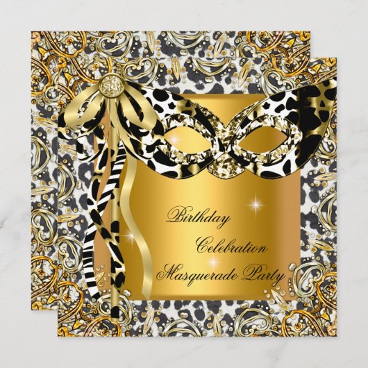 仮装ワイルド白黒金ゴールドマスク誕生日 招待状 (正面/裏面)