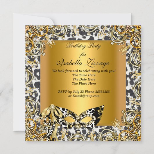 仮装ワイルド白黒金ゴールドマスク誕生日 招待状 (裏面)