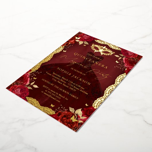 仮装王室のパーティーレッド金ゴールドガウンキンセアニェラ 箔招待状 (回転した状態)