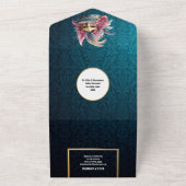 仮装結婚の青いダマスクの金ゴールドマスクの衣装 オールインワン招待状 (外側)