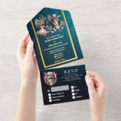 仮装結婚の青いダマスクの金ゴールドマスクの衣装 オールインワン招待状 (貼ってはがせる)
