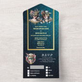 仮装結婚の青いダマスクの金ゴールドマスクの衣装 オールインワン招待状 (内側)