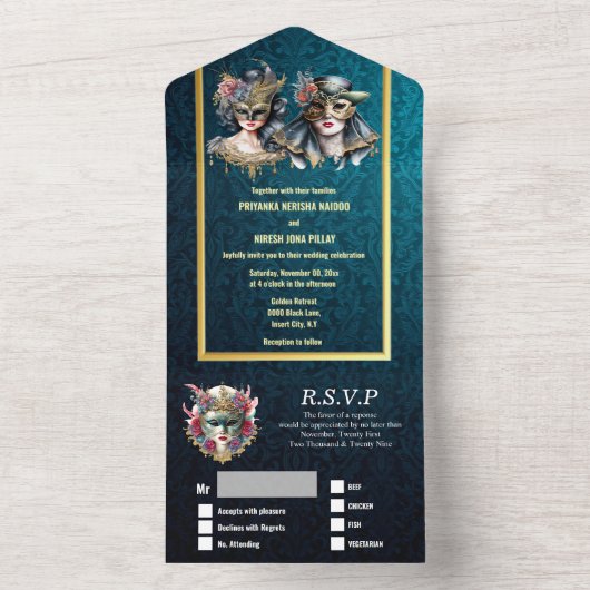 仮装結婚の青いダマスクの金ゴールドマスクの衣装 オールインワン招待状 (内側)