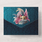 仮装結婚の青いダマスクの金ゴールドマスクの衣装 オールインワン招待状 (裏面)