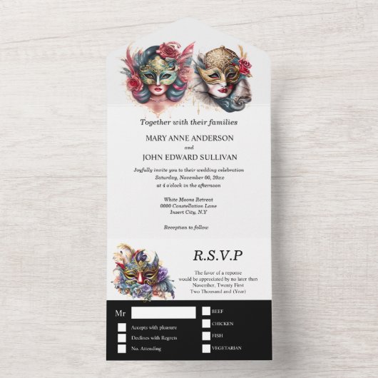 仮装結婚の |新郎新婦ベニスのマスク オールインワン招待状 (内側)