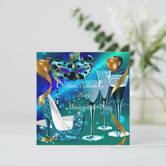 仮装誕生日ティール（緑がかった色）金ゴールドワインスティレット3 招待状 (スタンド正面)