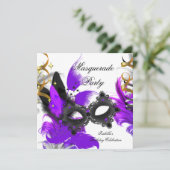 仮装誕生日パープルマスクホワイトブラック 招待状 (スタンド正面)