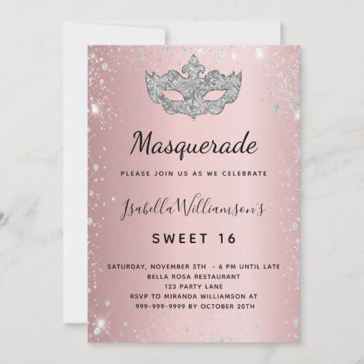 仮装赤面ピンクシルバースウィート16贅沢 招待状 (正面)