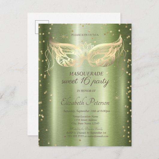 仮装金ゴールドダイヤモンドグリーンメタリックスイート16 インビテーションポストカード (正面/裏面)