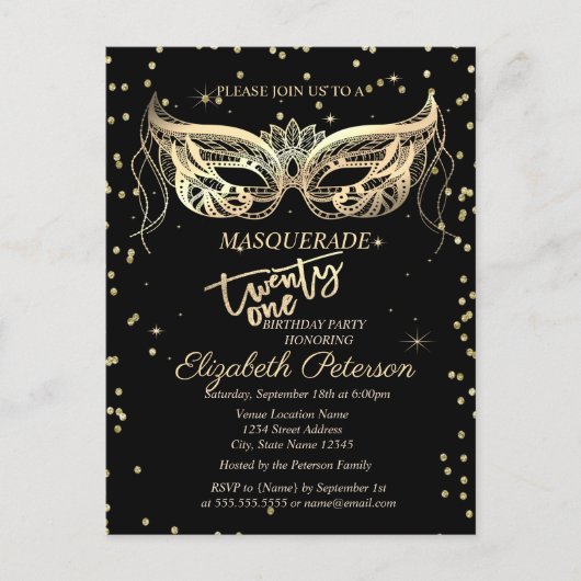 仮装金ゴールドダイヤモンド21歳の誕生日パーティー インビテーションポストカード (正面)