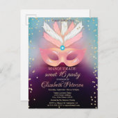 仮装金ゴールドダイヤモンド，ピンクマスクスウィート16 インビテーションポストカード (正面/裏面)