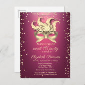 仮装金ゴールドダイヤモンド，マスク，パープルスウィート16 インビテーションポストカード (正面/裏面)