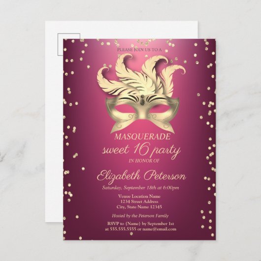 仮装金ゴールドダイヤモンド，マスク，パープルスウィート16 インビテーションポストカード (正面/裏面)
