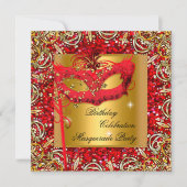 仮装金ゴールドマスクグリッター赤い誕生日パーティー2 招待状 (正面)