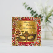 仮装金ゴールドマスクグリッター赤い誕生日パーティー 招待状 (スタンド正面)