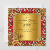 仮装金ゴールドマスクグリッター赤い誕生日パーティー 招待状 (裏面)