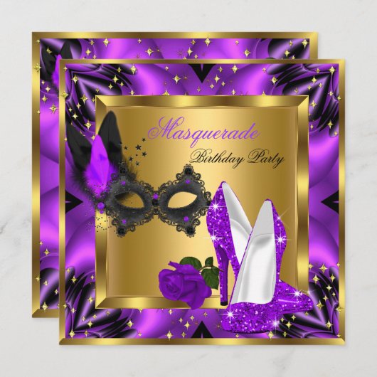 仮装金ゴールド抽象芸術紫マゼンタハイヒール 招待状 (正面/裏面)