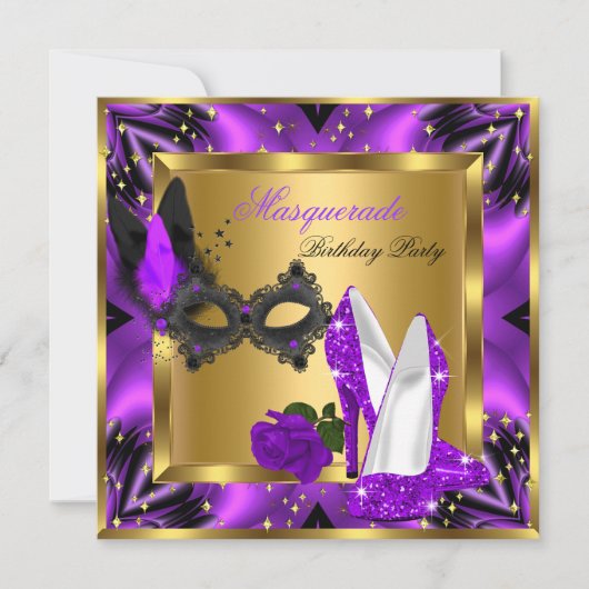 仮装金ゴールド抽象芸術紫マゼンタハイヒール 招待状 (正面)