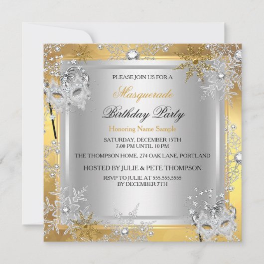 仮装金ゴールド雪片シルバーマスクパーティー3 招待状 (正面)