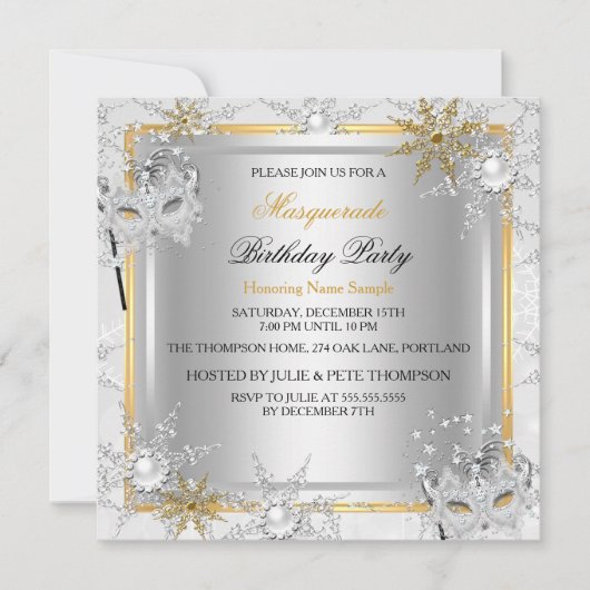 仮装金ゴールド雪片シルバーマスクパーティーA 招待状 (正面)