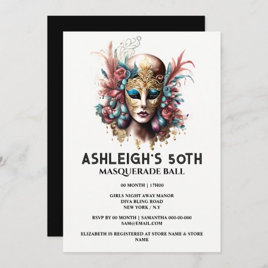 仮装50歳の誕生日ヴェネツィアの女性顔マスク 招待状 (正面/裏面)