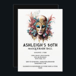 仮装50歳の誕生日ヴェネツィアの女性顔マスク 招待状<br><div class="desc">白磁の肌、青いアイシャドウと濃い赤の唇を持つ美しい女性の顔は、カーリーブルー淡い色のと濃いピンクの巻き毛を持つ。彼女は花と羽フェイク羽の羽毛で飾られた金ゴールドのマスクを着て非常に華美豪華である。彼女の全体的な外観はヴィンテージ時代を彷彿とさせる。彼女は白い背景に設定されている編集可能な黒いテンプレートあなたの言葉カスタムのために。バチェロレッテエレガント、誕生日、sweet sixteenまたはキンセアニェラパーティーに最適なアイウォータカラーグラフィック。単にあなたの特別な機会に合わせて編集可能な文字テンプレートをパーソナライズ。</div>