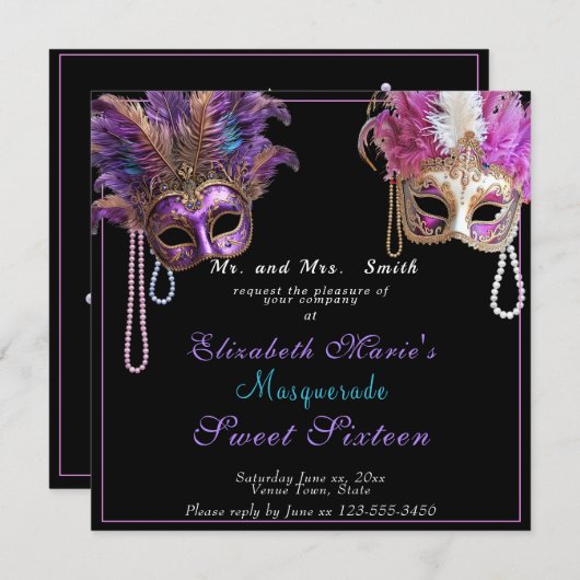 仮装Sweet sixteenピンク金ゴールド真珠 招待状 (正面/裏面)