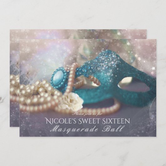 仮面とパールの虹色パーティー招待状 招待状 (正面/裏面)