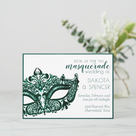 仮面グリーン | ダークエメラルド カーニバル ウェディング 招待状 (スタンド正面)