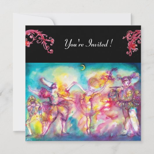 仮面パーティー、赤い花が咲き誇る 招待状 (正面)