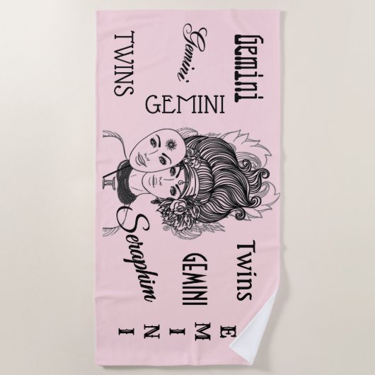 仮面レディーシアタージェミニ〔占星術の〕十二宮図記号 ビーチタオル (正面)