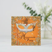 仮面仮装オレンジの誕生日パーティー金ゴールド 招待状 (スタンド正面)