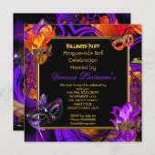 仮面紫色オレンジハローウィンパーティ 招待状 (正面/裏面)