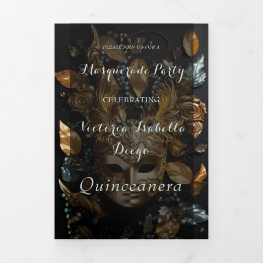 仮面舞踏会のキンセアニエラパーティー招待状 三つ折り招待状 (カバー)