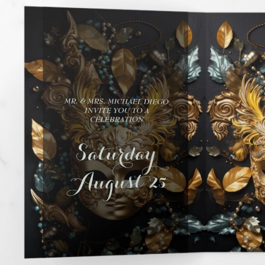 仮面舞踏会のキンセアニエラパーティー招待状 三つ折り招待状 (内部最初)